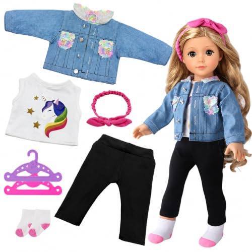 7 Pcs American 18 Inch Doll Clothes and Accessories, Handmade 18 Inch Doll Denim Clothes Set Including Blue Sequin Jacket Top Black Trousers Headband Socks Hangers, for Girls