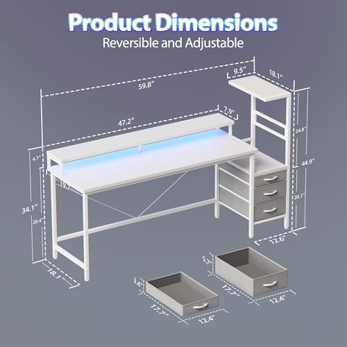 Image of Mericonia 60 inch Gaming Desk with Drawers, Reversible Computer Desk, White | Gamer Desk with LED Lights, Power Outlets & Monitor Stand, Large Office Table for Home Bedroom Study Work Writing