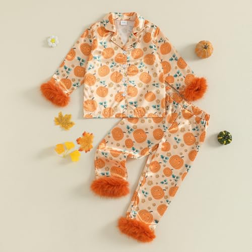 Toddler Baby Kids Girl Satin Pajamas Set Furry Pjs Button Down tops and pants Halloween Christmas Silk Sleepwear4