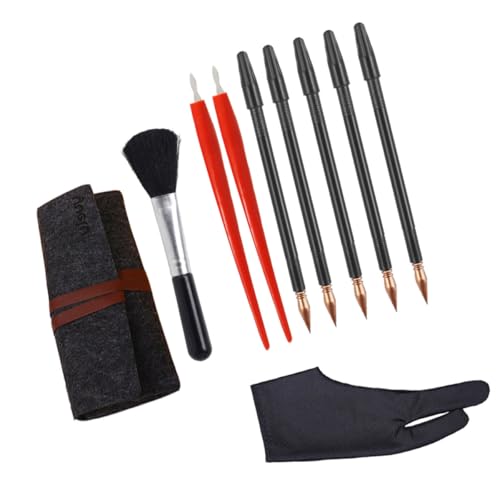 Veemoon Kit de 10 Outils à Gratter pour Dessin et Bricolage Garçon et Filles, Stylo à Gratter Double Pointe, 5 Stylos Dorés, 2 Petits Grattoirs Rouges, Pinceau Noir et Moufles, Ensemble