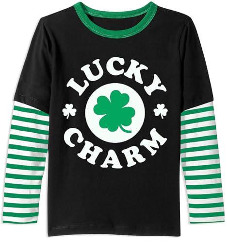 Image of Unisex Kid's St Patrick's Day Shamrock Top Striped Patchwork Irish Clover Long Sleeve Shirt 4-14 Years