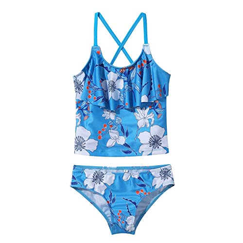 Yeahdor Little Big Girls Floral Printed 2 Pcs Tankini Cirss Cross Back Ruffles Tank Top with Brief3