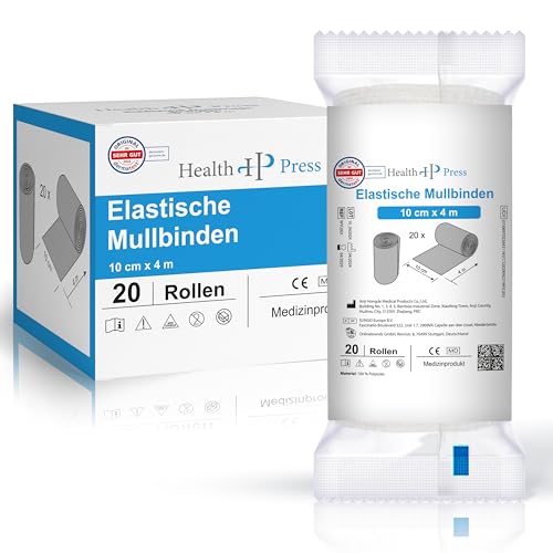 Health Press Mullbinden – Verbandsmaterial (10cm x 4m) 20 Rollen – Elastischer Binden Verband – Medizinprodukt – Dermatologisch getestete Fixierbinde – Bandage Ideal für Erste Hilfe & Wundversorgung