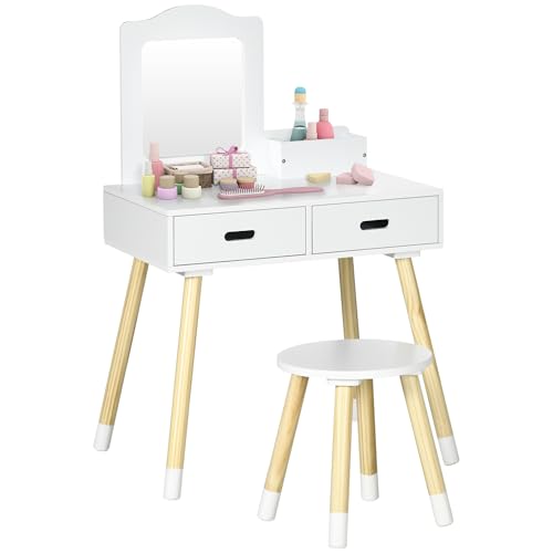 ZONEKIZ Tocador para Niñas Tocador de Madera Infantil con Taburete y Espejo Centro de Belleza con 2 Cajones Juguete Educativo para Niñas de 3-6 Años 60x40x95 cm Blanco