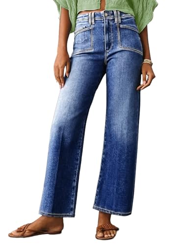 Astylish Women's Baggy Boyfriend Jeans Vintage Wide Leg High Rise Trendy 2025 Stretchy Denim Ankle Pants with Patch Pockets Dark Blue Size 4