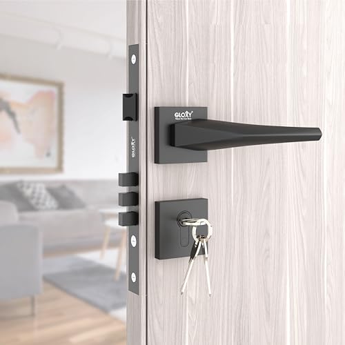 Image of GLOXY Zinc Door Lock for Main Door Mortise Set with 3 Brass Keys, Bedroom Handle Lock for Home /Office /Hotel | Black Finish (2 Years Warranty, Pack fo 1)