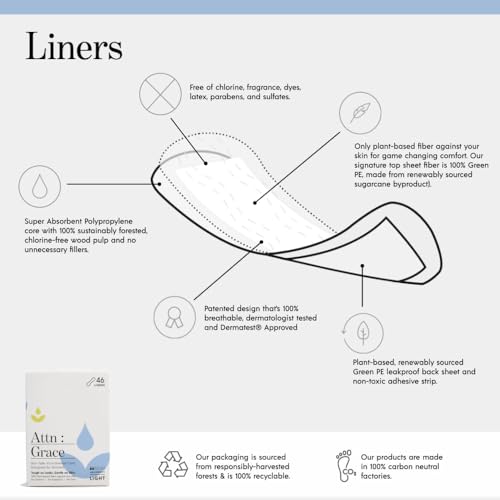 Attn: Grace Panty Liners for Women - 46 Liners – for Light Urinary Incontinence, Bladder Leakage or Postpartum - 100% Breathable & Plant-Based Materials Active Odor Control, Free from Harsh Chemicals - Image 5
