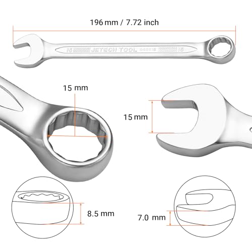 Image of Jetech 15mm Combination Wrench, Metric 12-Point Chrome Vanadium Steel Spanner, Industrial Grade with 15-Degree Offset, Sand Blasted Finish, Heat-Treated Forged Tool
