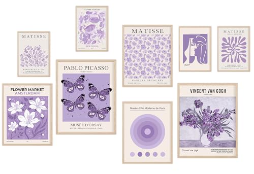 KONGSY Purple Wall Art Prints Set of 9, Lavender Abstract Matisse Exhibition Posters, Light Purple Wall Decor, Aesthetic Pictures Room Decor for Teen Girls Dorm, Bedroom