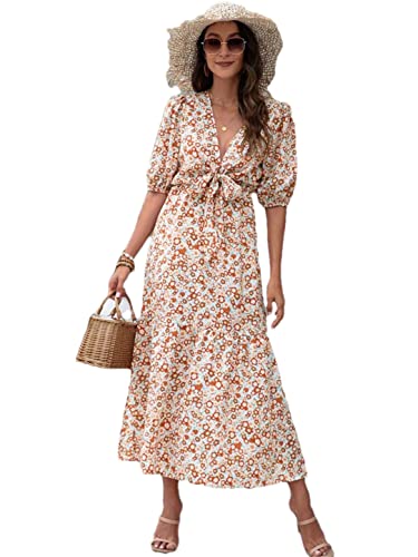Robe longue d'été kaki fluide pour plage avec col en V et fente latérale