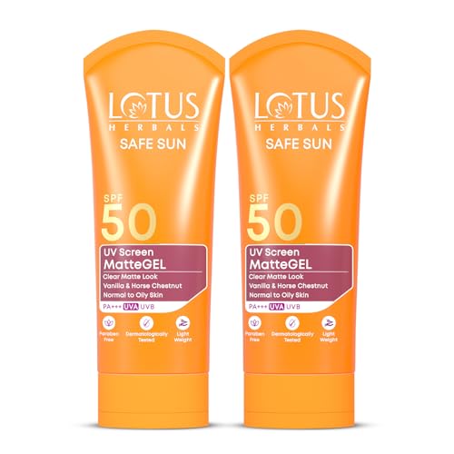 Image of Lotus Herbals Safe Sun UV Screen Matte Gel Sunscreen SPF 50 PA+++ | In Vivo Tested | Broad Spectrum UV Protection | Matte Finish | No White Cast | Normal to Oily Skin | For Women and Men | Paraben & Cruelty Free | 100g (Pack of 2)