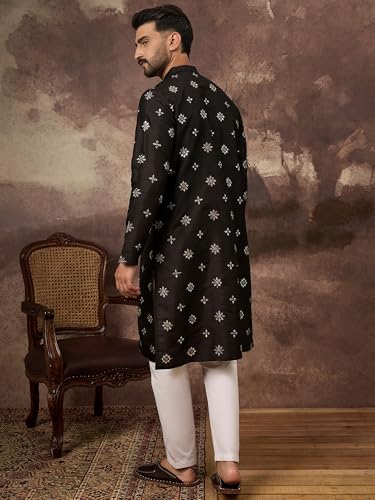 Image of Men's Solid Calf Length Silk Blend Embroidered Kurtas | Men | Kurtas for Mens | Straight Fit Kurta for Men's