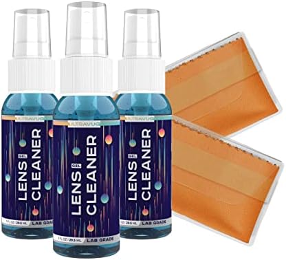 ULTRAVUE Eyeglass Gel Lens Cleaner Spray Kit - 3 x 1oz Gel Eyeglasses Cleaner Spray Bottle + 2 Microfiber Cloth for Cleaning - Safe for All Lenses (AR Coated Included), Eyeglasses and Screens