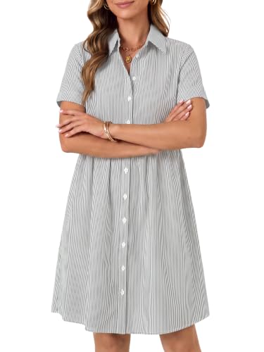 Image of Women's Striped Shirt Collared Neck Button Down Mini Dress Gray Large