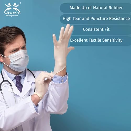 Image of AM Safe x Latex Gloves | White | Food handling | CE Approved | Non Sterile | Examination | All-Purpose | Powdered | Cleaning |Examination Gloves |40 pcs|Medium