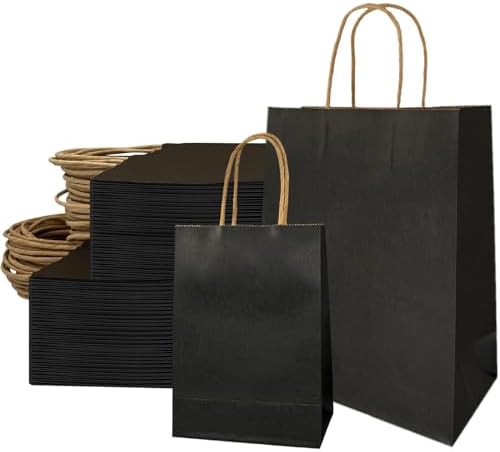 Extiff Lot De 50 Sacs Cabas Noir En Papier Kraft Avec Poignées - 26x14x32 Cm Pour Courses Et Cadeaux