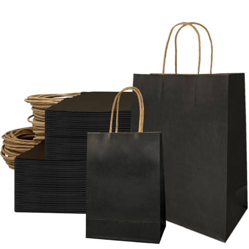 JinPhon - Lot de 50 Sac Papier Kraft Noir avec Poignée Sacs Kraft Sac Emballage Sac Cadeau Grand Format Pour Anniversaire Mariage Thanksgiving Noël, Shopping, Emballage, Sacs à Emporter 21x8x15cm, 27x11x21cm