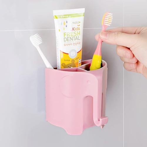 Hippywell Elephant Kids Toothbrush Holder For Bathroom, Suction Cup Electric Toothbrush And Toothpaste Holder For Toddler, 3 Slots With Hanging Towels Or Bath Ball, Rapid Drying Sink, Pink #TOP3