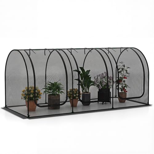 Happygrill Portable Crop Cage, Large Tunnel Plant Protection Tent w/3 Roll-Up Zippered Doors, Metal Frame, 4 Ground Stakes, Carrying Bag, Garden Plant Netting Cover for Vegetables (108” x 48” x 47”)