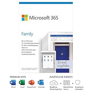 Microsoft 365 Family | 6 Nutzer | Mehrere PCs/Macs, Tablets und mobile Geräte | 1 Jahresabonnement |Box