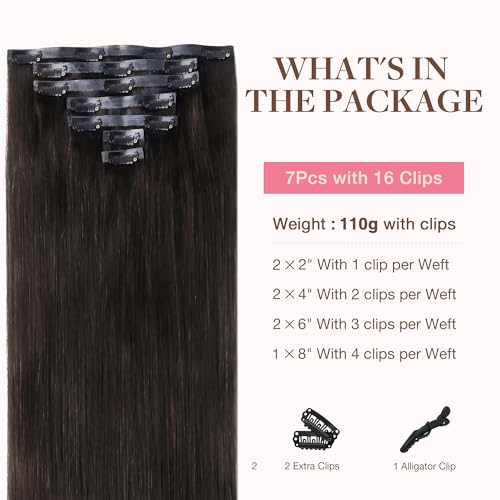 GOO GOO Clip in Hair Extensions Real Human Hair, Remy Human Hair Extensions Clip ins for Women, Natural Human Hair, 20inch 110g 7Pcs, 2 Dark Brown