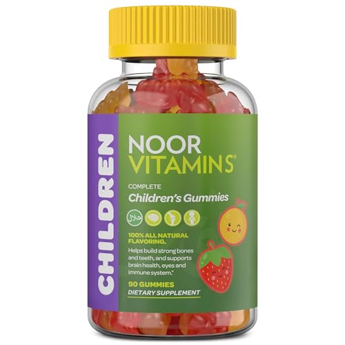 Noor Vitamins Halal Vitamins Kids Vitamins Kids Multivitamin Gummies: Vitamin C for Kids D3 and Zinc for Immunity B6 B12 for Energy. Gluten Free Halal Gummies 90 Count Gummy Vitamins for Kid
