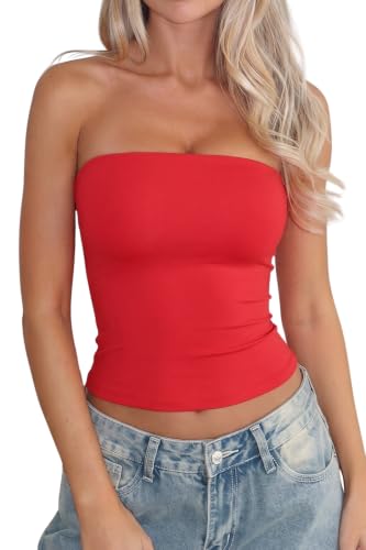 QINSEN Tube Tops for Women Non-Slip Strapless Bandeau Tops Double Lined Cute Tank Tops Red M