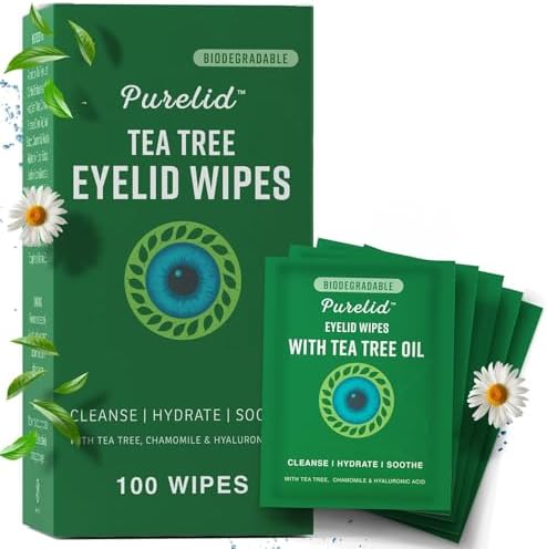 100PCs Tea Tree Eyelid Wipes – Cleaning Eye Wipes for People with Dry Eyes & Allergies – Gentle Eyelid Cleanser with Hyaluronic Acid, Chamomile and Aloe – Individually Wrapped & Biodegradable