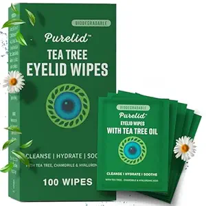 100PCs Tea Tree Eyelid Wipes – Cleaning Eye Wipes for People with Dry Eyes & Allergies – Gentle Eyelid Cleanser with Hyaluronic Acid, Chamomile and Aloe – Individually Wrapped & Biodegradable