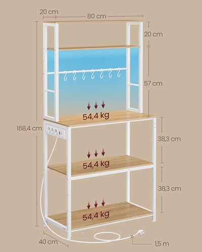 VASAGLE Estantería de Cocina con LED, para Microondas con Regleta, Estantes Ajustables, 8 Ganchos, 40 x 80 x 168,4 cm, Roble Dorado y Blanco Mate KKS050YA01 - imagen 3