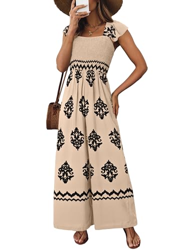 Happy Sailed Jumpsuit for Women Dressy Casual Spring Summer Square Neck Short Sleeve Graphic Printed Boho Jumpsuits Baggy Overalls Wide Leg Long Pants Rompers Beach Outfits 2025 Apricot Medium