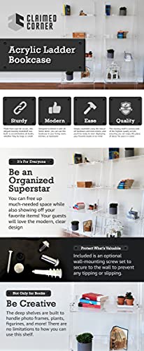 Acrylic Ladder Bookcase – Large Modern Clear Leaning Wall Bookshelf - Standing Decor Display Unit For Open Shelving, Organizer, Or Storage In The Living Room, Office, Bedroom, Or Bathroom #TOP5