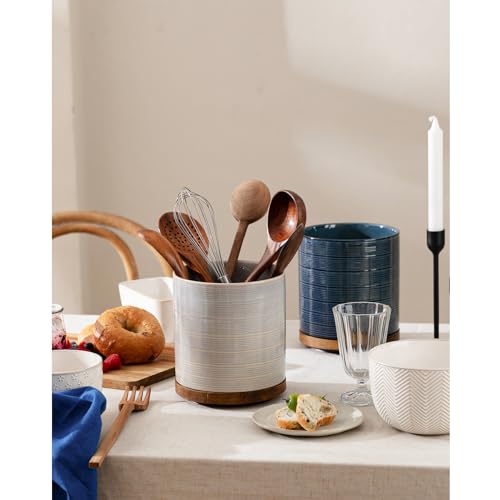 Image of Utensil Holder, 360 Rotating Extra Large Ceramic Kitchen Utensil Holder for Countertop, 7.3 inch Cooking Utensil Crocks for Kitchen Counter with Rotatable Wooden Base, Farmhouse Decor, Dusty Blue