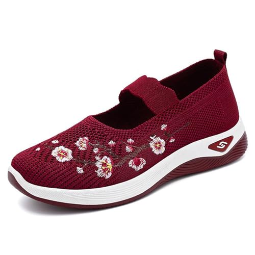 Orthopedic Shoes for Women Woven Orthopedic Breathable Soft Shoes Mesh Flower Embroidered Slip On Knit Flat Sneakers Breathable Comfortable Lightweight Casual Walking Shoe