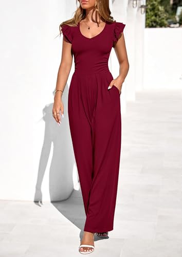PRETTYGARDEN One Piece Jumpsuits For Women Dressy Ruffle Cap Sleeve V Neck Ribbed Knit Wide Leg Romper 2026 Summer Outfits (Wine Red,Medium) — view 3