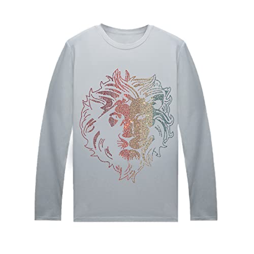 HZCX FASHION Men Womens Graphic Tees Long Sleeve T-Shirt Funny Rhinestone Shirts(Lion White,Women 3X-Large)