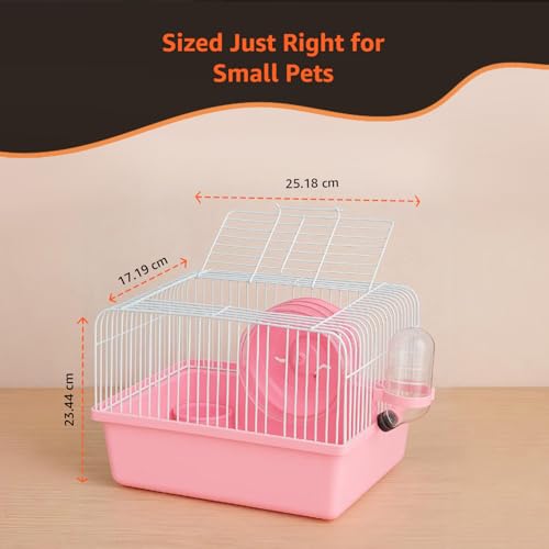 Image of Amazon Basics Hamster, Gerbil, Guinea Pig Cage and Playhouse | Pink | Spacious for Small Pets|Plastic | Double Story with Slide, Exercise Wheel and Feeding Bottle | LxWxH- 23x 17x 25 Cm