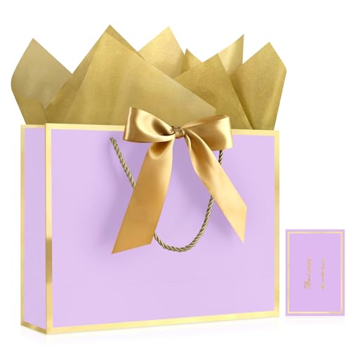 Image of JMANNI Gift Bags with Handles, 13 inch Medium Gift Bags with Tissue Paper | 1 Pcs Light Purple Bag, 2 Tissue Paper and 1 Cards, for Baby Shower, Wedding Bridal Shower, Birthday Party