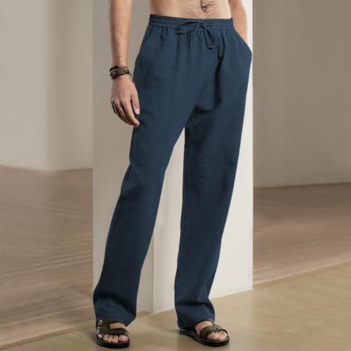 Men Linen Pants,Casual Lightweight Loose Fit Elastic Drawstring Waist Loose Trousers Summer Beach Pants2