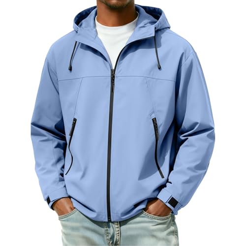 Image of Mens Waterproof Jackets with Hood Windproof Softshell Jackets Full Zip Lightweight Breathable Raincoat with 2 Zip Pockets Full Body Front Zip Outdoor Wear for Camping Hiking Biking Bowling Fishing