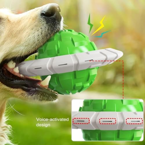 Image of DISSKNIC KIMEE Dog Ball for Aggressive Chewers, Natural Rubber Squeaky Chew Toy, Durable Interactive Fetch Ball, Puppy Teething & Dental Toy, Flying Disc UFO Dog Toy (Green, 1 Pack)