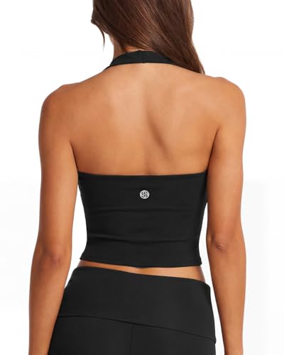 SUUKSESS Women Padded Halter Sports Bras Backless Longline Workout Tank Tops Crop Gym Tops (Black L)