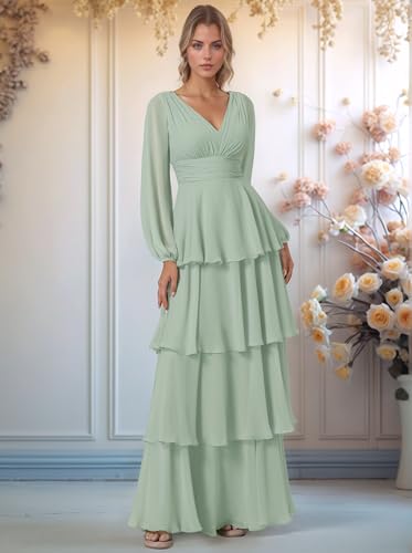 ALFEICE Women's Long Sleeve Tiered Bridesmaid Dresses 2025 V Neck Chiffon Long Formal Wedding Guest Dress2