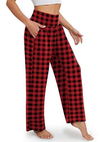 Image of Gracyoga Plaid Pajama Wide Leg Pants for Women Casual Comfy Yoga Pants High Waisted Lounge Palazzo Pants with Pockets L