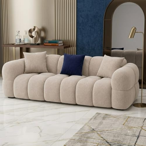 Image of FURNY Luxury Nimbus 3 Seater Bubble Cloud Sofa Set for Living Room | Boucle Weave Fabric Upholstered | Modern Cushioned Comfortable Couch for Home Office & Drawing Room | Sandstone Beige