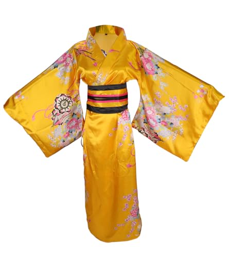 ZNLFS   Bata de kimono tradicional japonesa para mujer, vestido de kimono, disfraz de cosplay de Halloween, yukata de geisha, albornoz, amarillo, Altoa única
