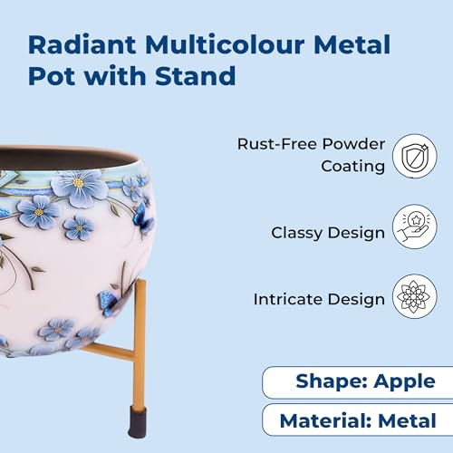 Image of NATURAL EARTH Metal Flower Pot & Stand with Free 1 KG Organic Vermicompost Fertilizer | Decorative Indoor Outdoor Plant Pot | Artsy White Floral Planter for Home & Garden Decor