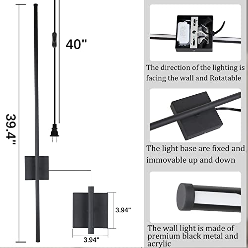 Gonshdi Modern Plug In Wall Sconces Set Of Two Black Led Wall Lights Fixtures With Plug In Cord On/Off Switch Warm White Bedroom Wall Lamp, 39.4Inch 360° Rotate, Lighting Decor For Living Room #TOP2