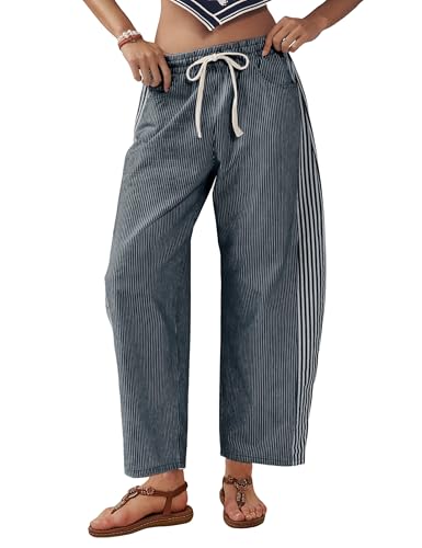 SCUSTY Women's Baggy Wide Leg Jeans Mid Rise Barrel Denim Ankle Pants Casual Striped Pull On Drawstring Trousers with Pockets(Black-M)