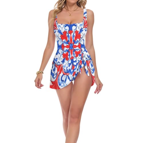 Maillot de bain 1 pièce femmes à fleurs rouges et bleues